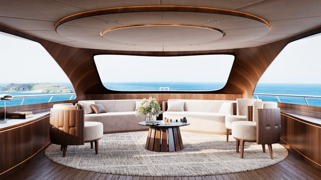 Fimekan yat lounge — deniz manzaralı, ahşap ve krem tonlarında iç mekân